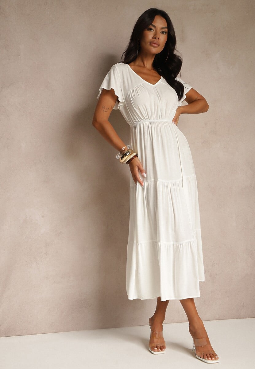 Biała Sukienka z Wiskozy o Rozkloszowanym Kroju z Falbanami Jonmy