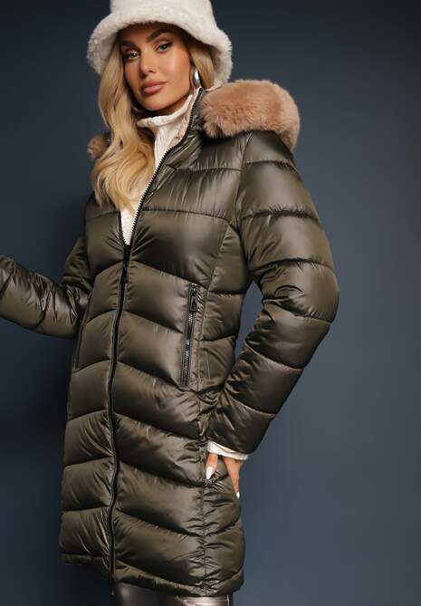 Ciemnozielona Dwustronna Kurtka Płaszcz z Klasycznym Pikowaniem i Kapturem z Futerkiem Nuncos