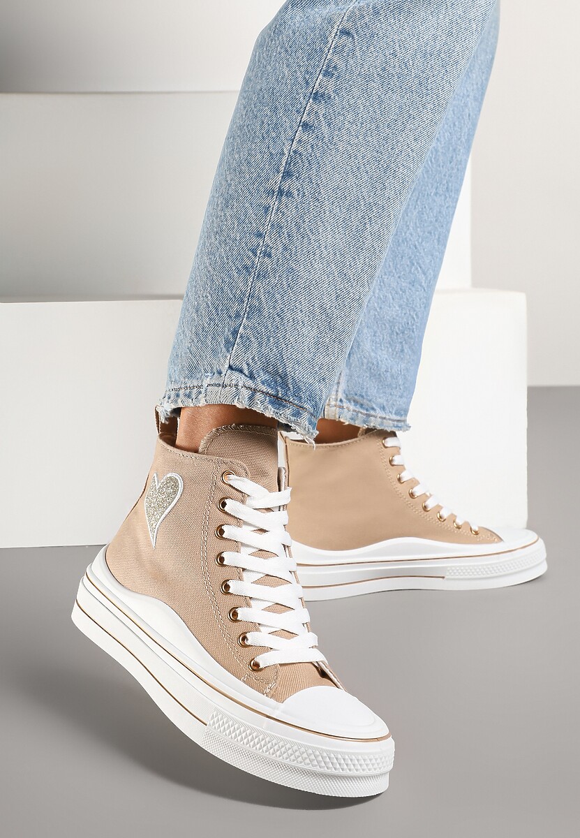 Ciemnobeżowe Trampki na Platformie z Serduszkiem za Kostkę Ellista