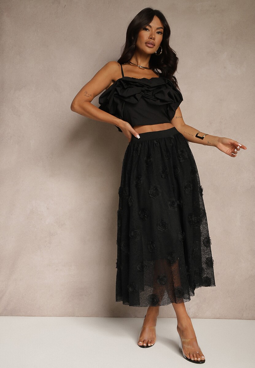 Czarna Tłoczona Spódnica o Rozkloszowanym Kroju z Gumką w Pasie Folunetta