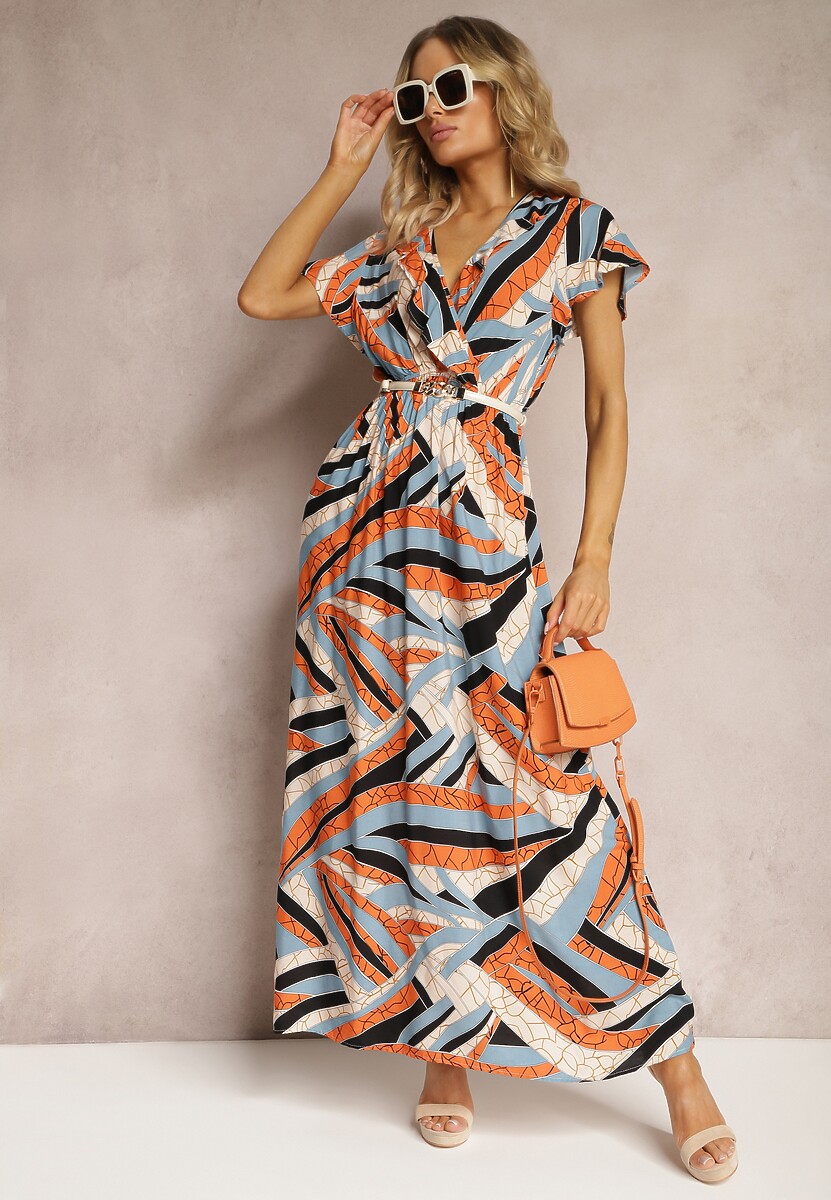 Pomarańczowa Rozkloszowana Sukienka z Wiskozy z Gumką w Talii i Abstrakcyjnym Wzorem  Pairella