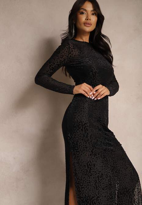 Czarna Welurowa Sukienka z Wiskozą w Panterkę o Dopasowanym Kroju z Halką i Rozcięciami Velaki