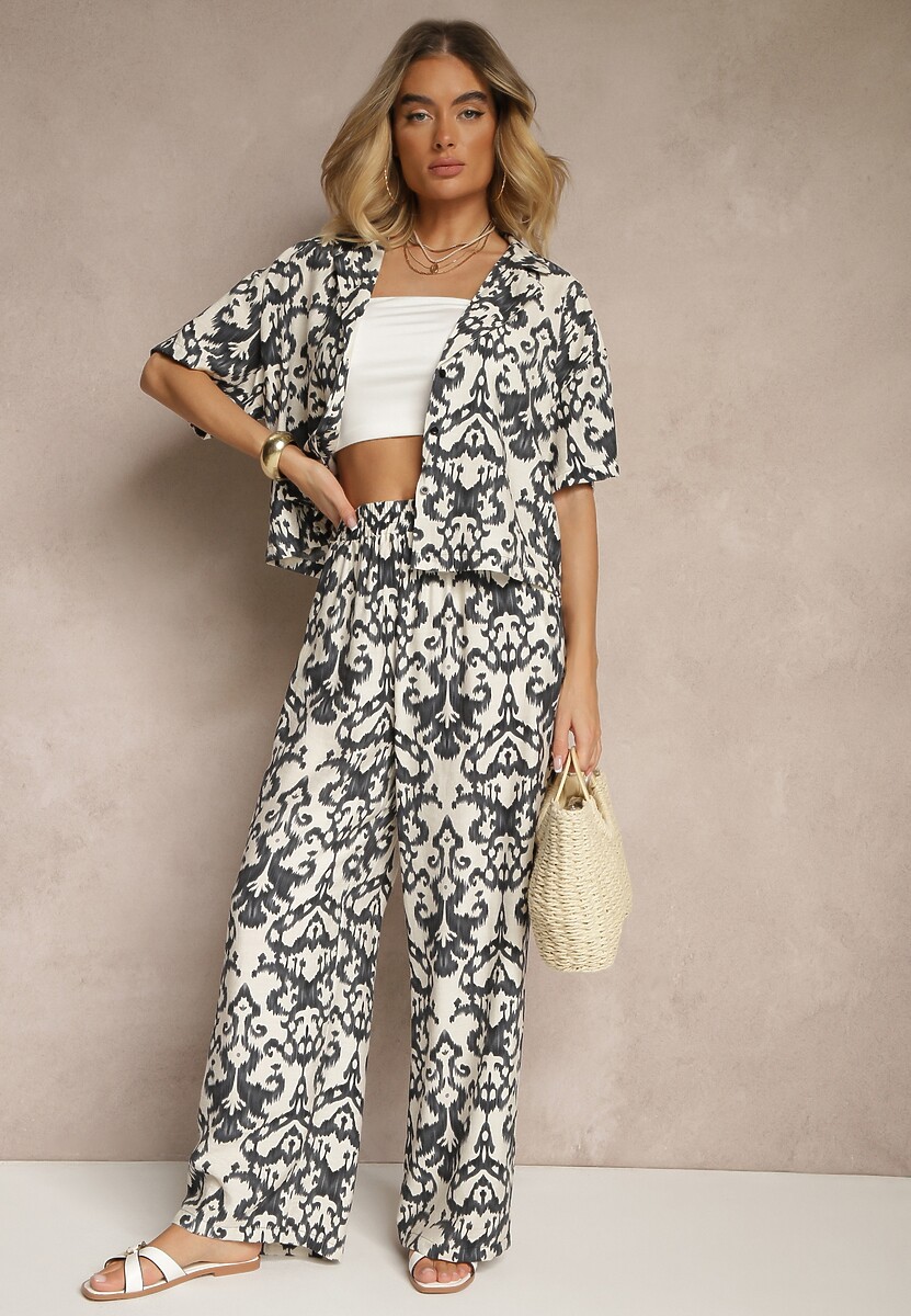 Różowy Wiskozowy Komplet w Ornamentalny Print Koszula i Szerokie Spodnie Sarilsa