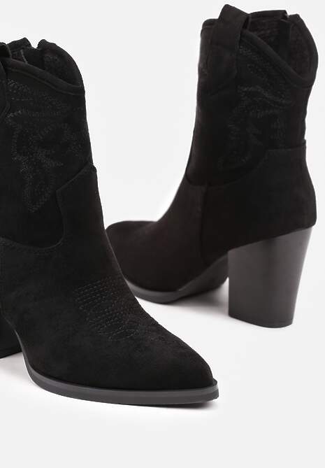 Czarne Brokatowe Botki Kowbojki na Słupku Remirra