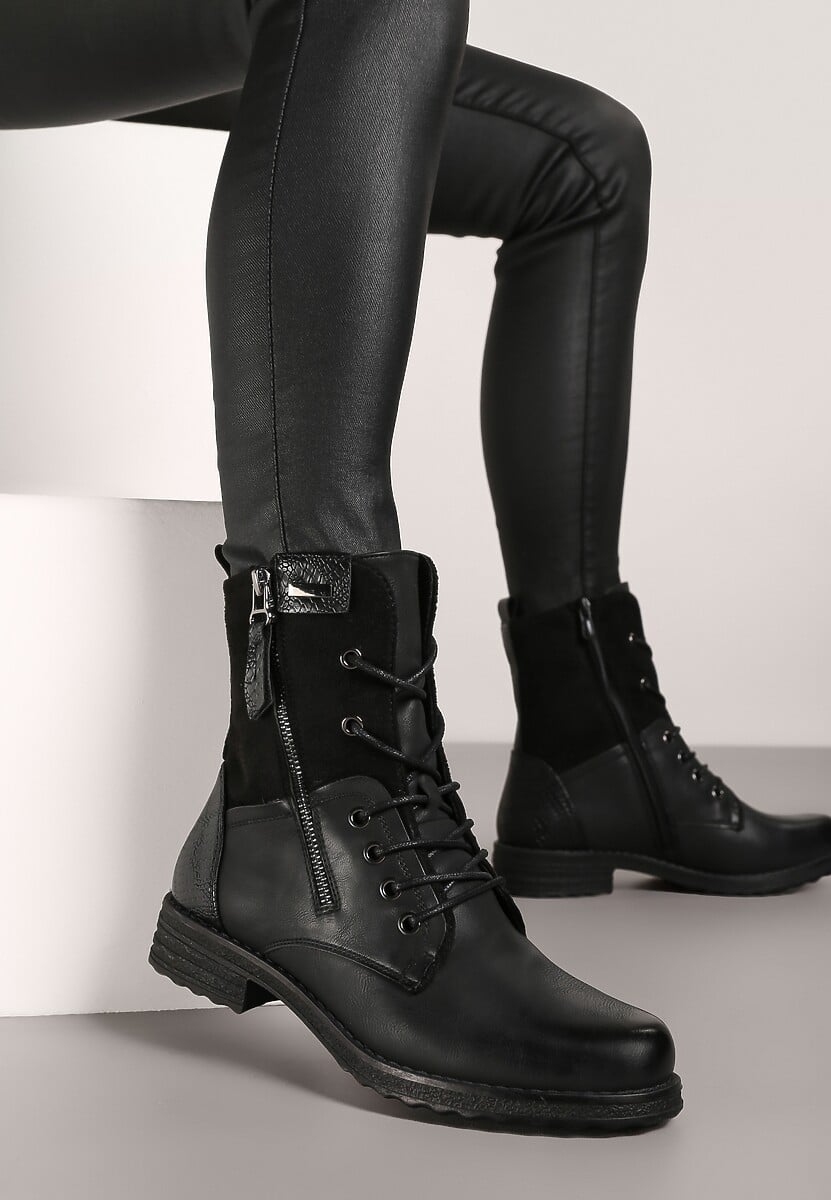 Czarne Botki Sznurowane z Zamkiem Hiyab