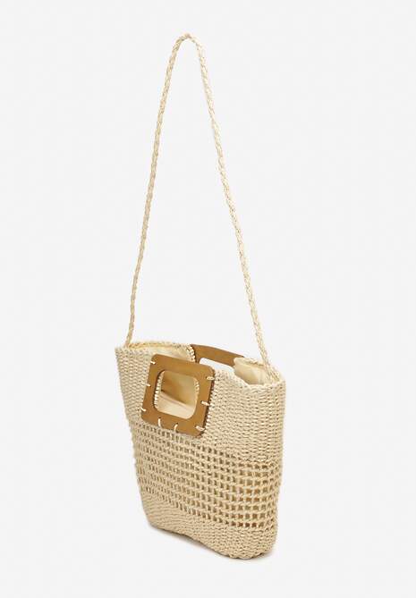 Jasnobeżowa Pleciona Torebka w Stylu Plażowym z Drewnianymi Uchwytami i Dłuższym Paskiem Rerina