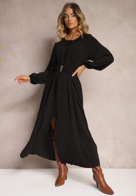 Czarna Sukienka Maxi o Swobodnym Kroju z Guzikami i Paskiem z Metaliczną Klamrą Ferian