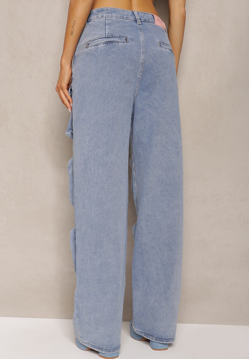 Niebieskie Spodnie High Waist z Prostymi Nogawkami i Ozdobnymi Kieszeniami Quliana