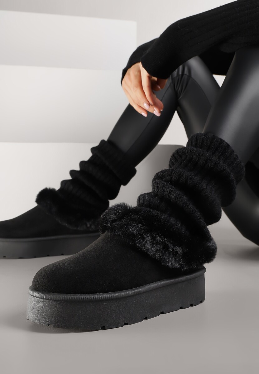 Czarne Krótkie Śniegowce na Platformie Ozdobione Futerkiem Sewlara