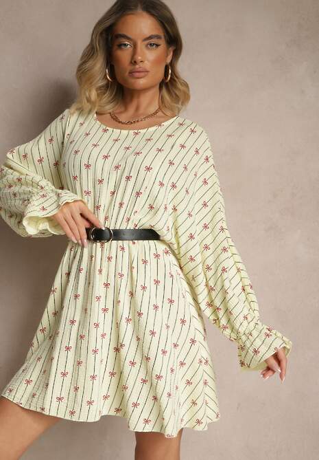 Żółta Sukienka z Bawełny ze Wzorem Kokardek i Pasków Avelriti