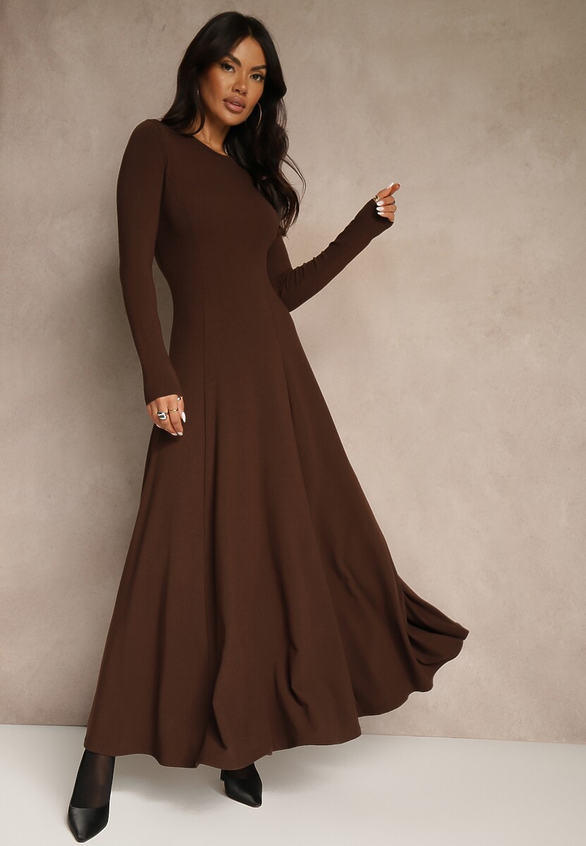 Brązowa Rozkloszowana Sukienka z Bawełny Tusmala