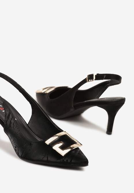 Czarne Eleganckie Czółenka na Szpilce z Odkrytą Piętą Wykończone Geometryczną Klamrą Vlianisa