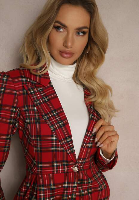 Czerwona Rozkloszowana Marynarka w Kartkę Zapinana na Ozdobny Guzik Delathria