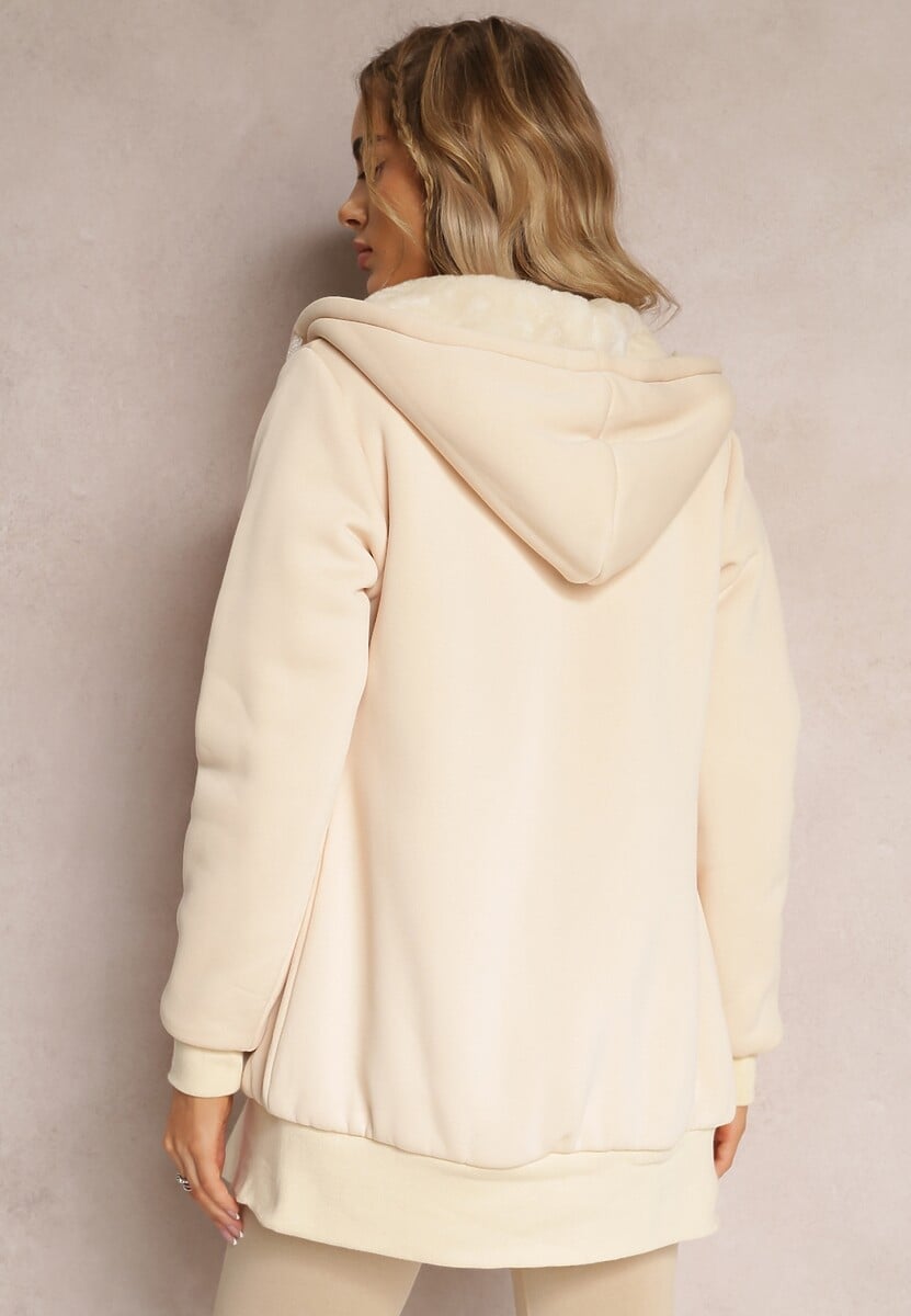 Jasnobeżowa Bluza ze Sztucznym Futerkiem i Kapturem oraz Kieszeniami Creactia