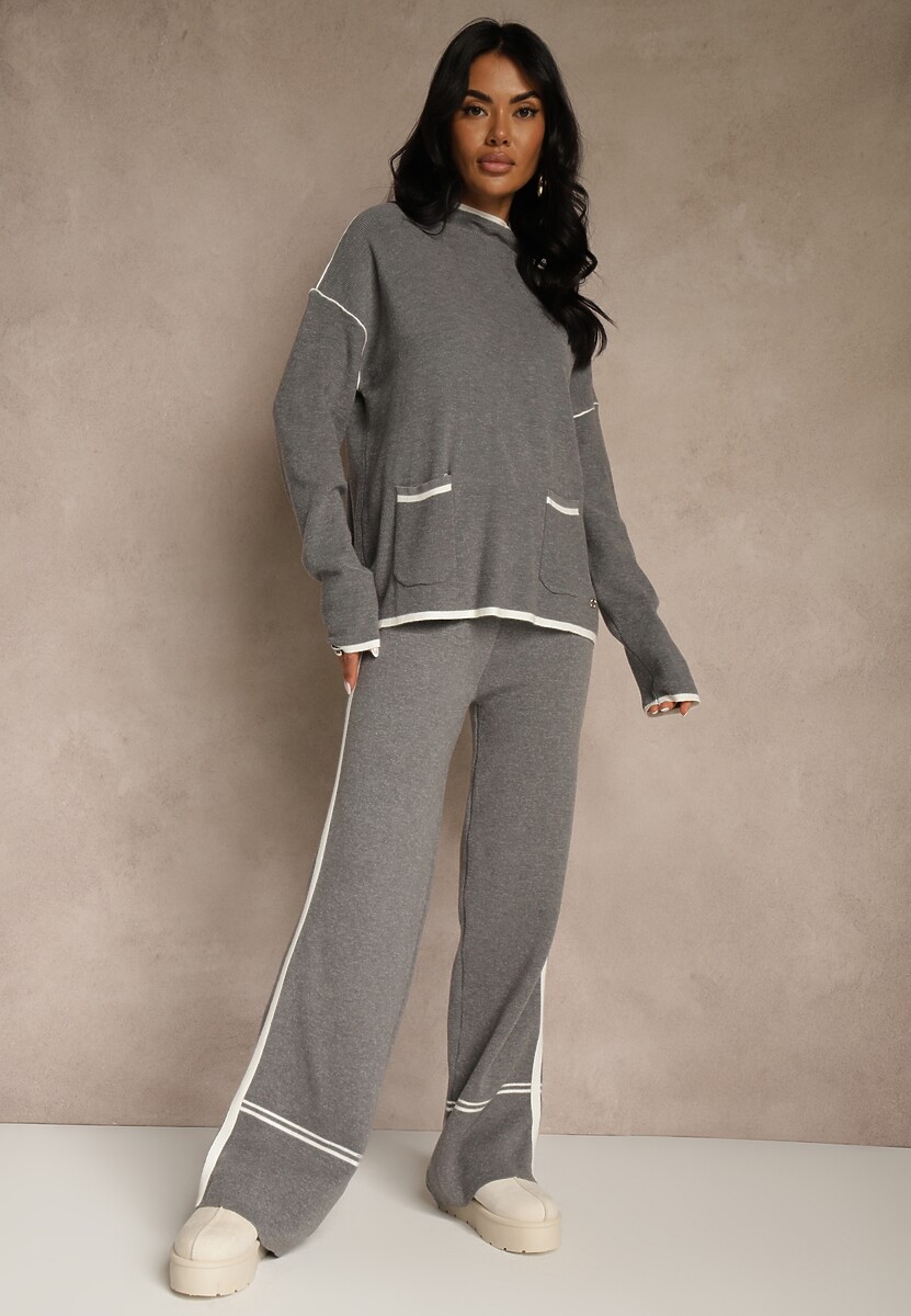 Jasnobeżowy Komplet Dzianinowy Sweter i Spodnie o Szerokim Kroju Ozdobione Lamówką Wedara