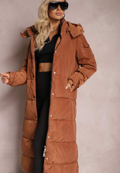 Brązowa Długa Kurtka Płaszcz z Pikowaniem i Odpinanym Kapturem Mystaris