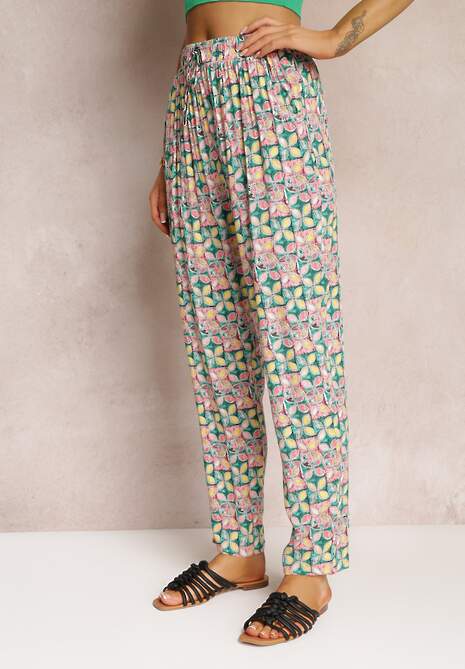Zielone Wiskozowe Spodnie w Kwiaty z Gumką w Talii i Wysokim Stanem Toriana