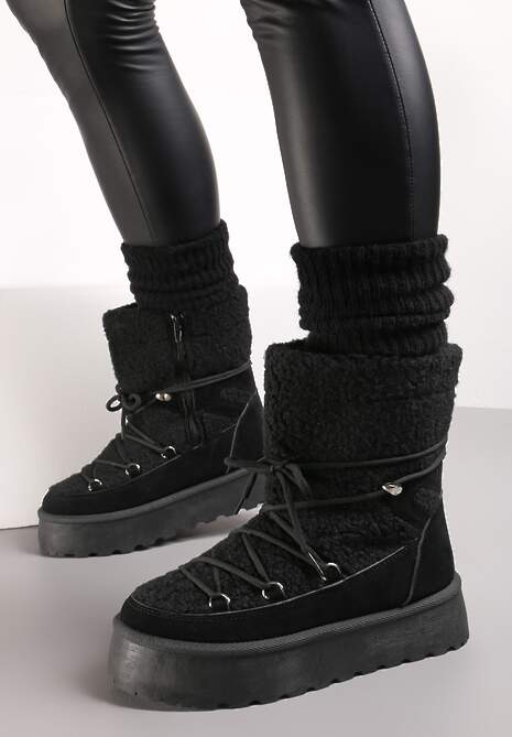 Czarne Futrzane Śniegowce na Platformie z Ozdobnym Wiązaniem Ebele