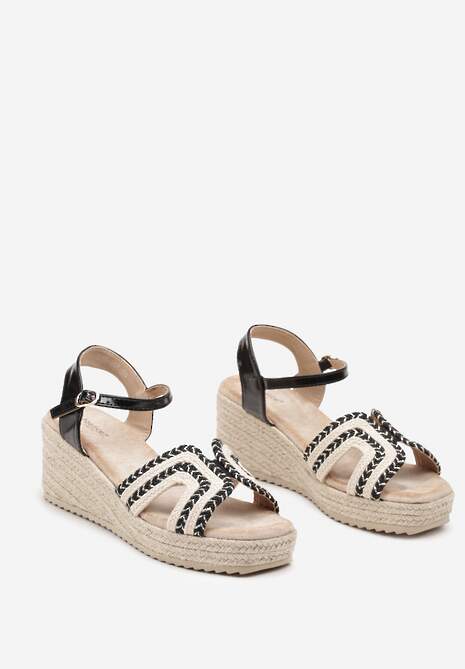 Czarne Sandały na Koturnie Zdobione Metaliczną Nicią Zapinane Wokół Kostki Tulolia