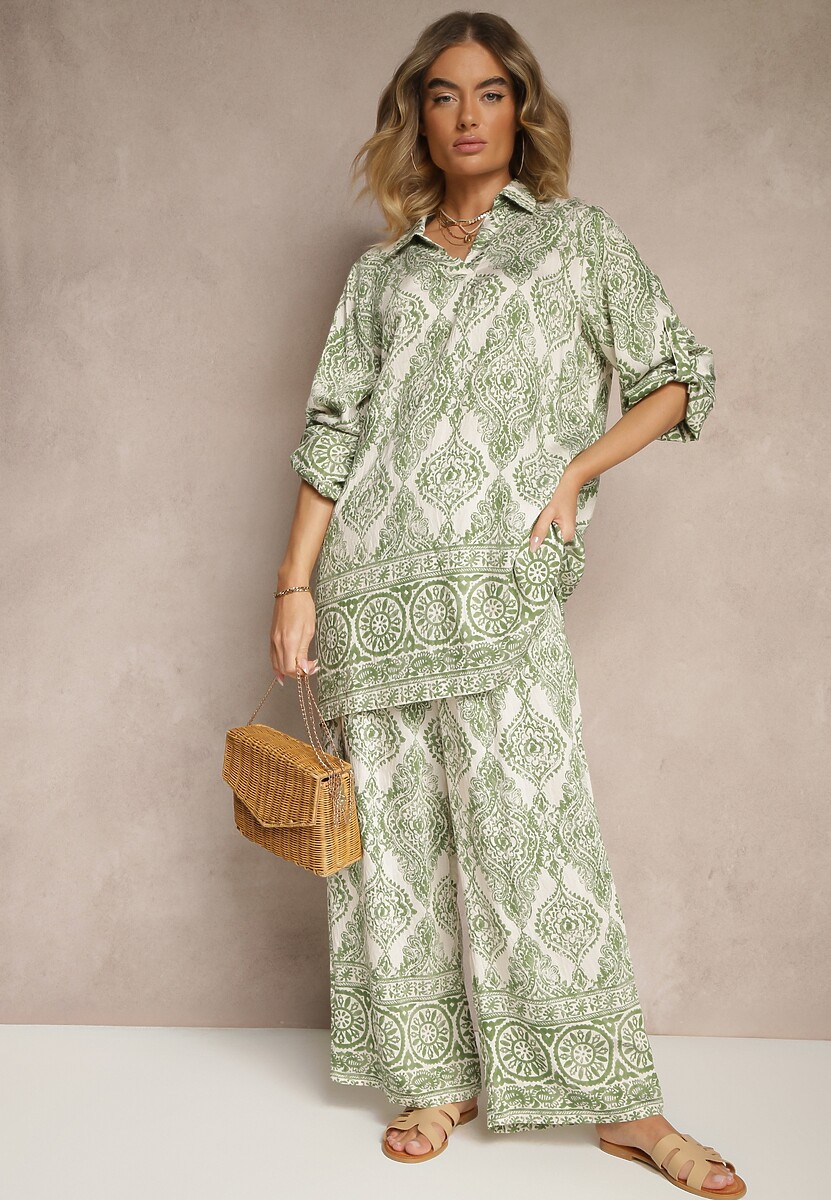 Zielony Komplet z Wiskozą o Kroju Oversize Koszula i Spodnie Nilarithia