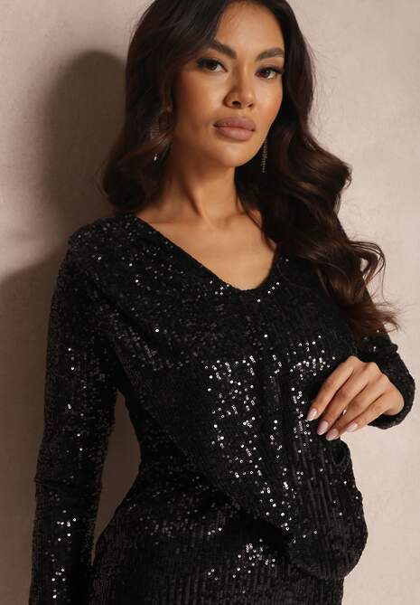 Czarna Dopasowana Sukienka z Cekinami i Gumką w Pasie Badi