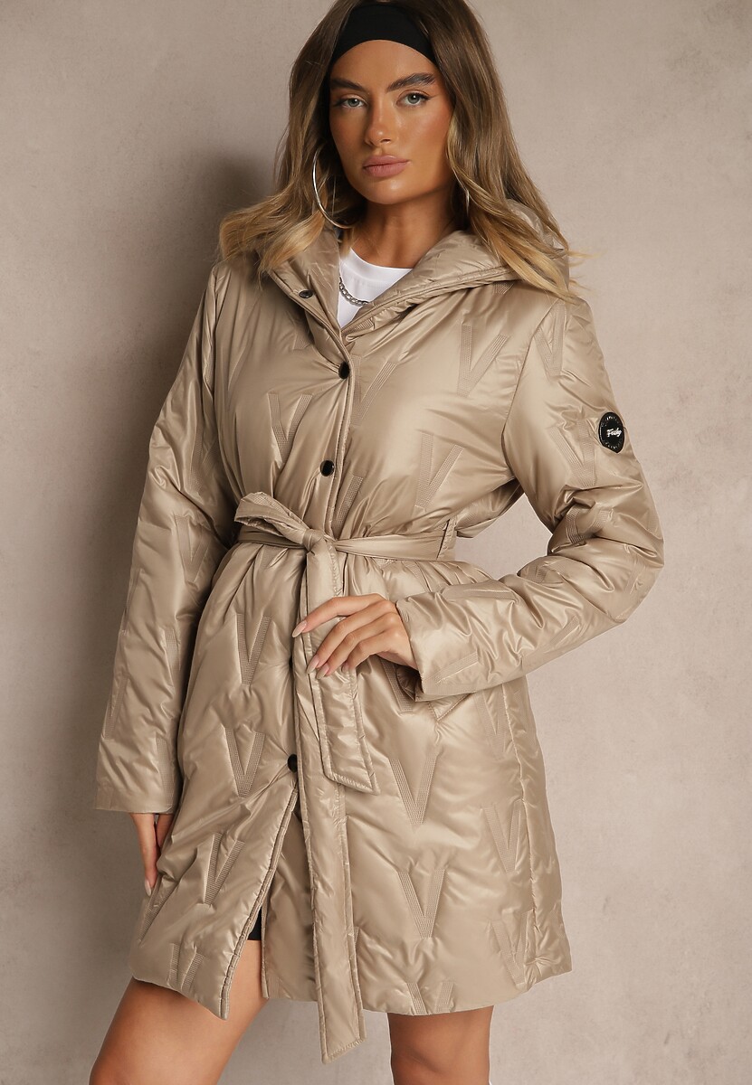 Złoto-Różowa Pikowana Kurtka z Kapturem i Wiązanym Paskiem Elladie