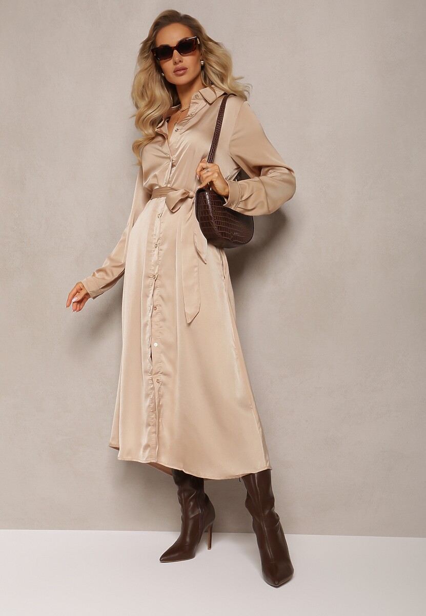 Różowa Rozkloszowana Sukienka Koszulowa z Paskiem Physsa