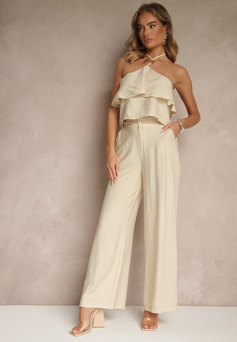 Beżowy Komplet z Wiskozą Spodnie i Bluzka z Aplikacją i Falbaną Dolirela