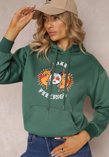 Ciemnozielona Bluza Kangurka z Nadrukiem i Kapturem Uvella