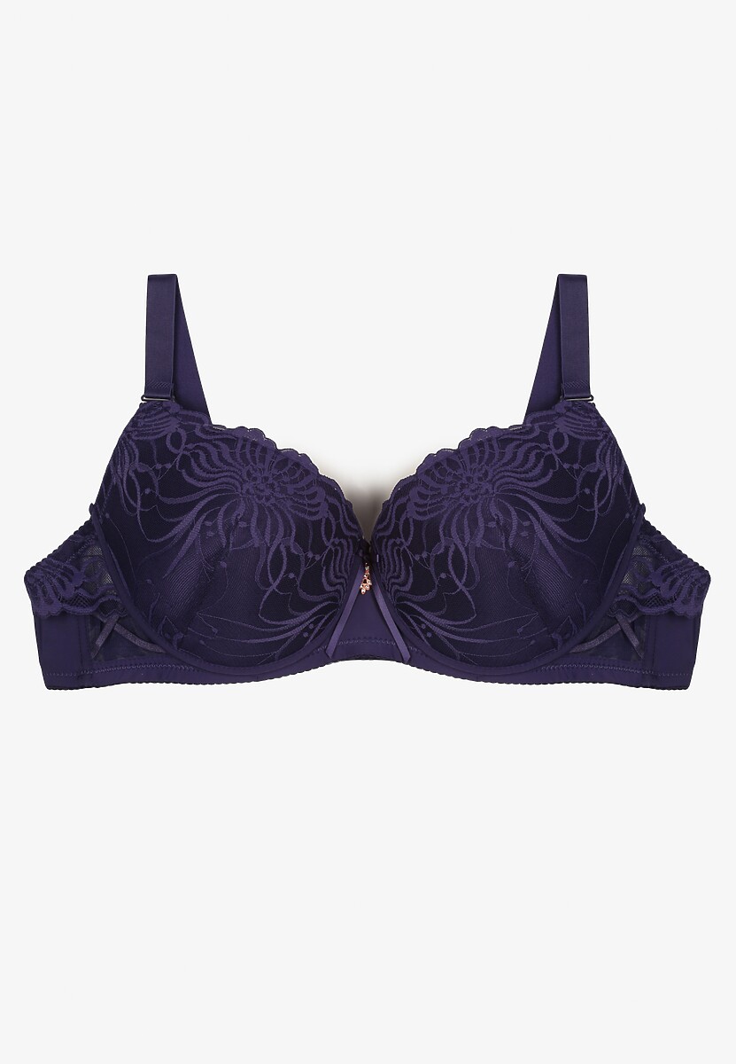 Granatowy Koronkowy Biustonosz o Kroju Full Cup z Ozdobną Kokardką Doriri