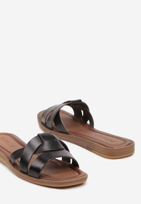Czarne Casualowe Płaskie Klapki ze Skóry z Ozdobnymi Paskami Dimittria