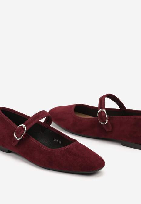 Bordowe Balerinki o Kwadratowym Nosku w Stylu Mary Jane z Paseczkiem Naiva