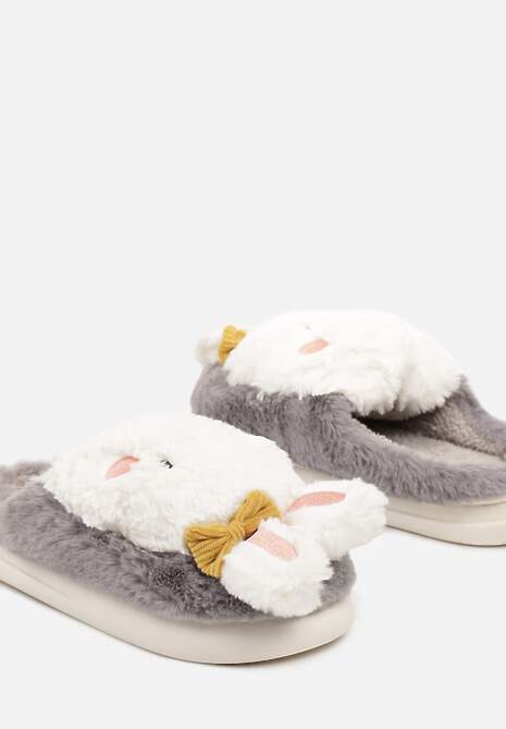Szare Kapcie na Płaskiej Podeszwie Ozdobione Króliczkiem 3D Temiena