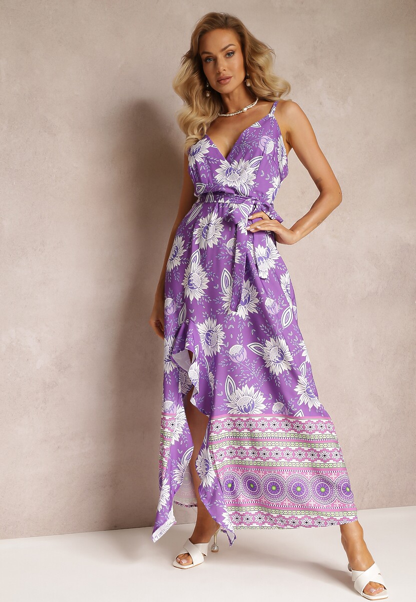 Fioletowa Sukienka Maxi na Cienkich Ramiączkach i Rozkloszowanym Dołem z Falbanką Charlei