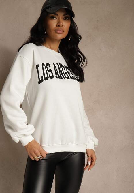 Biała Bluza z Bawełną Ozdobiona  Napisem Fezolda