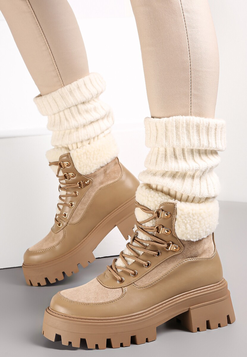 Ciemnobeżowe Sznurowane Traperki na Płaskiej Podeszwie z Futerkiem Alita