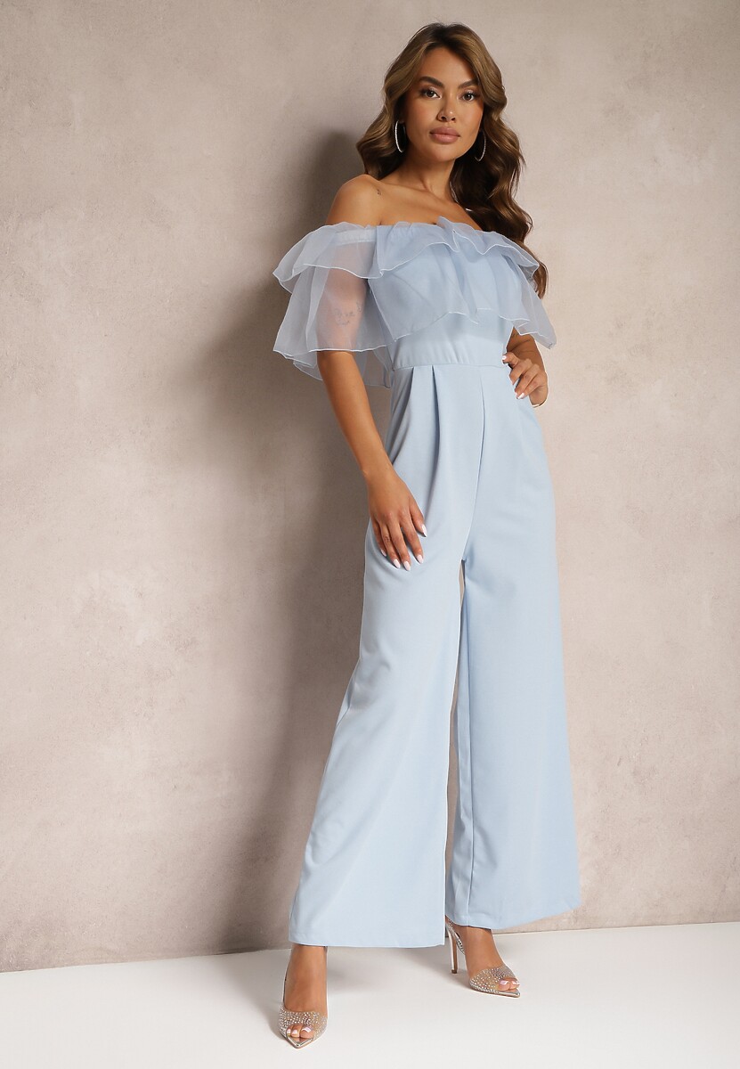 Beżowy Koktajlowy Kombinezon z Falbanką przy Dekolcie bez Rękawów Tessita