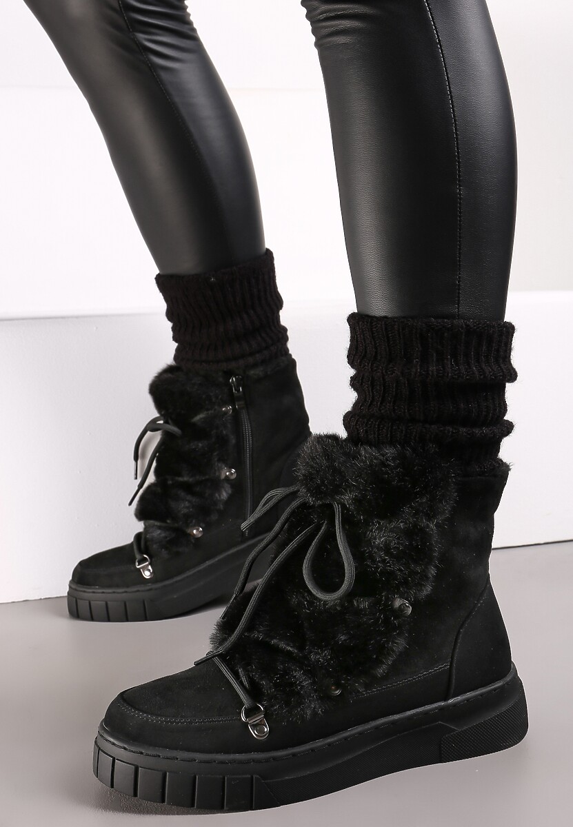 Czarne Mocno Ocieplone Śniegowce z Futerkiem Wzdłuż Wiązania  Avivina