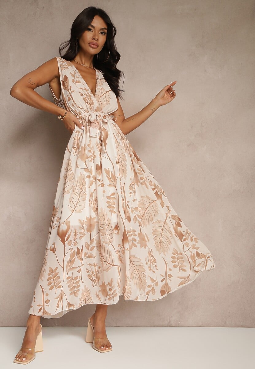 Beżowa Sukienka z Wiskozą z Kopertowym Dekoltem i Wiązanym Paskiem Natisolve