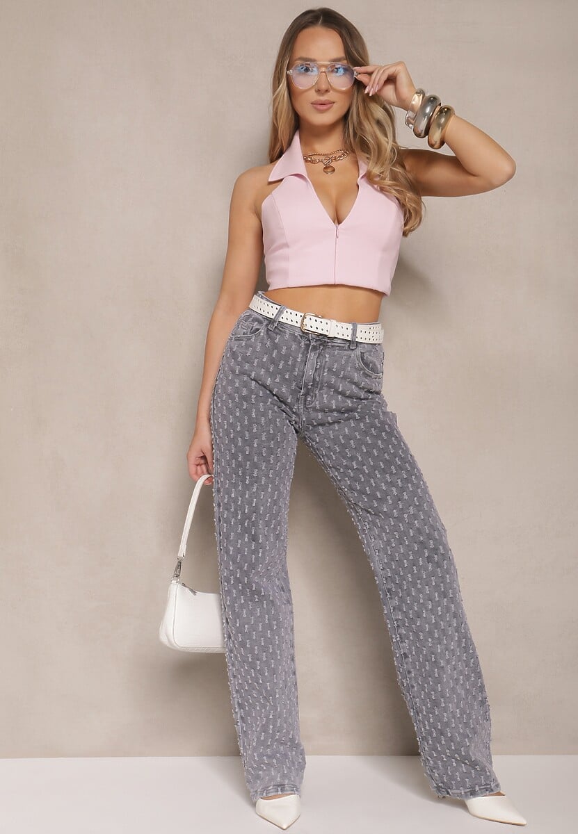 Szare Jeansy High Waist o Szerokim Kroju z Ozdobnymi Tłoczonymi Przetarciami Ulanisea