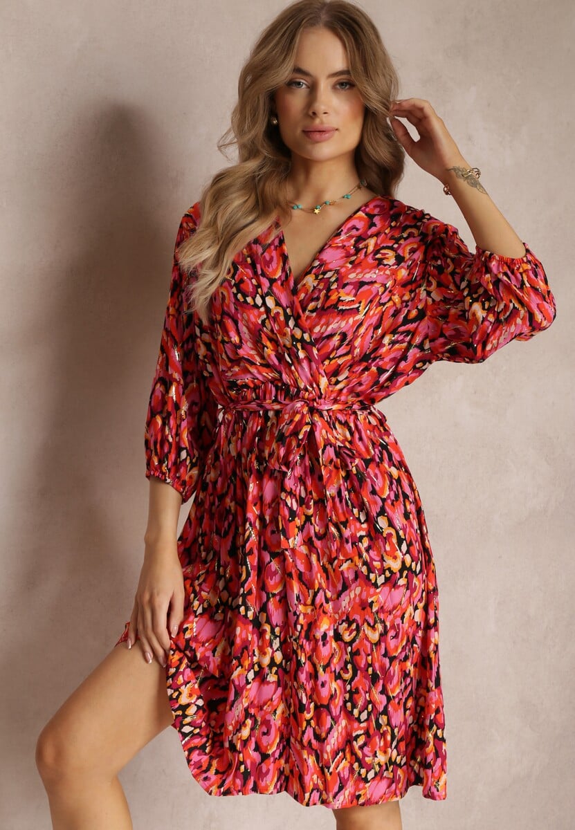 Czerwono-Czarna Kopertowa Sukienka Midi z Wiązanym Paskiem i Metaliczną Nitką Armellia