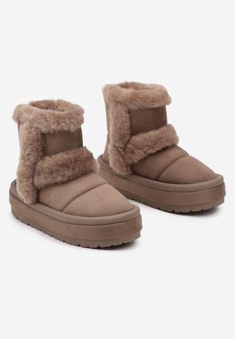 Ciemnobeżowe Ekozamszowe Śniegowce na Platformie z Futrzanymi Wstawkami Mazini