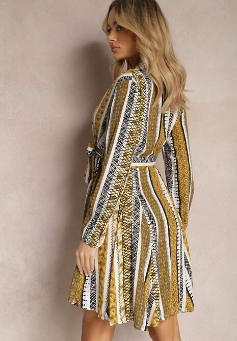 Żółta Wiskozowa Sukienka Koszulowa z Paskiem w Talii Rozkloszowana Urdiasa