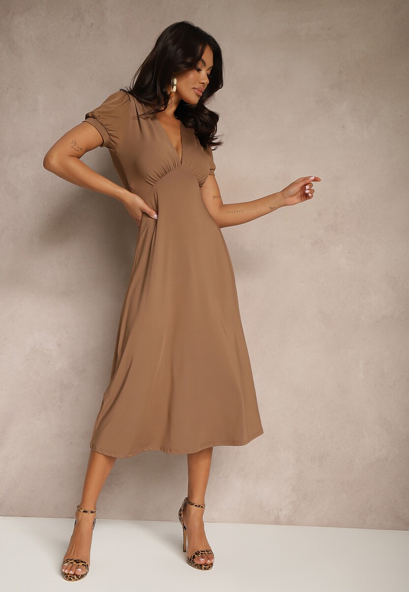 Jasnobeżowa Rozkloszowana Sukienka z Wiskozą Koktajlowa z Poduszkami w Ramionach Mimiza