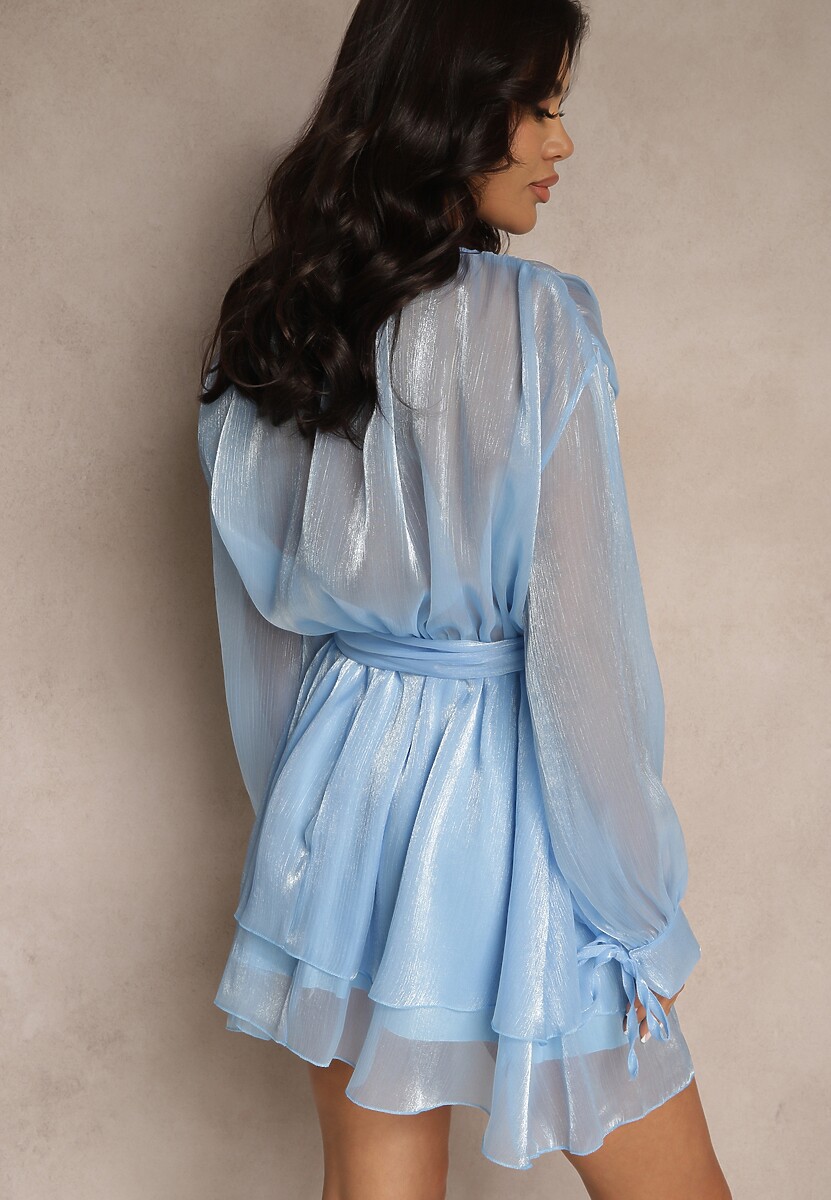 Niebieska Rozkloszowana Sukienka z Paskiem i Wiązaniem Savare