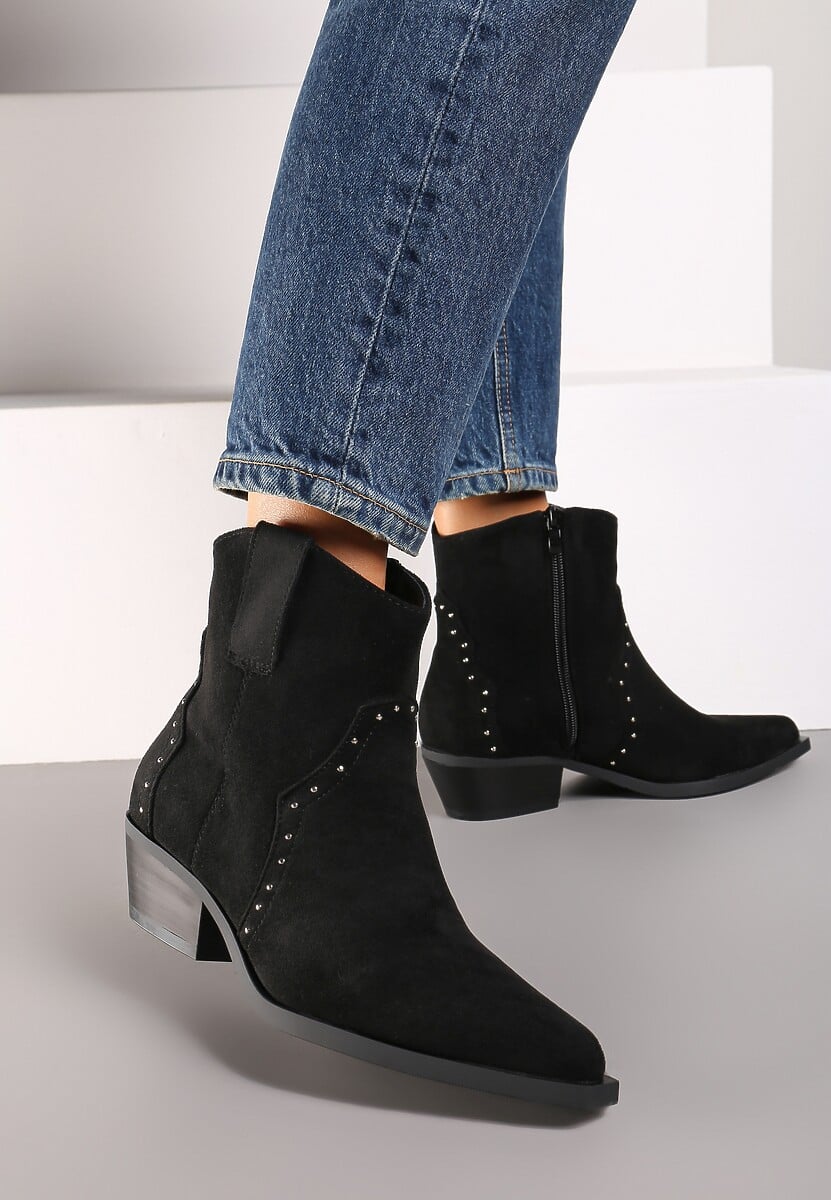 Czarne Botki w stylu Kowbojek z Ekozamszu i Szpiczastym Noskiem Nevelara