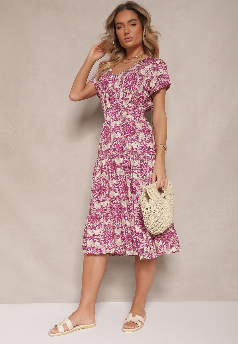 Różowa Rozkloszowana Sukienka z Bawełny z Gumką w Talii Desanita