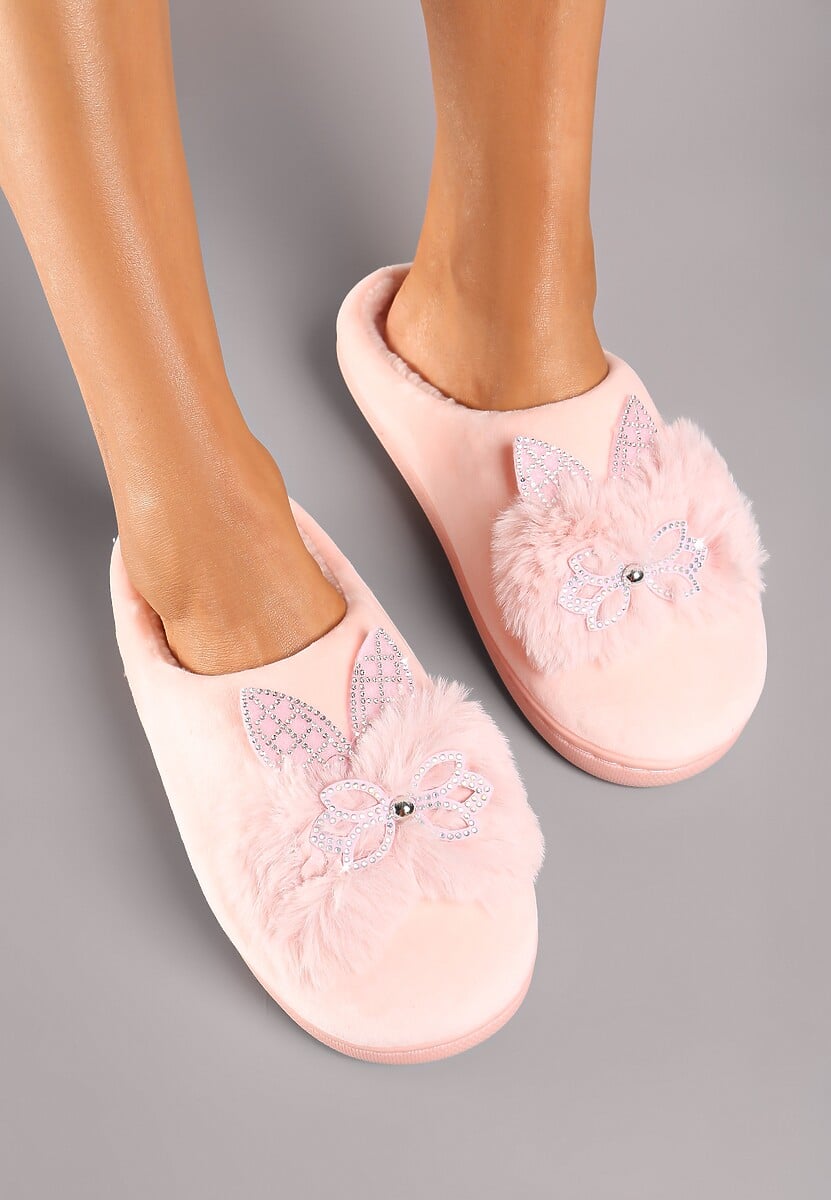 Różowe Kapcie na Płaskiej Podeszwie z Cyrkoniami i Futerkiem Dezilie
