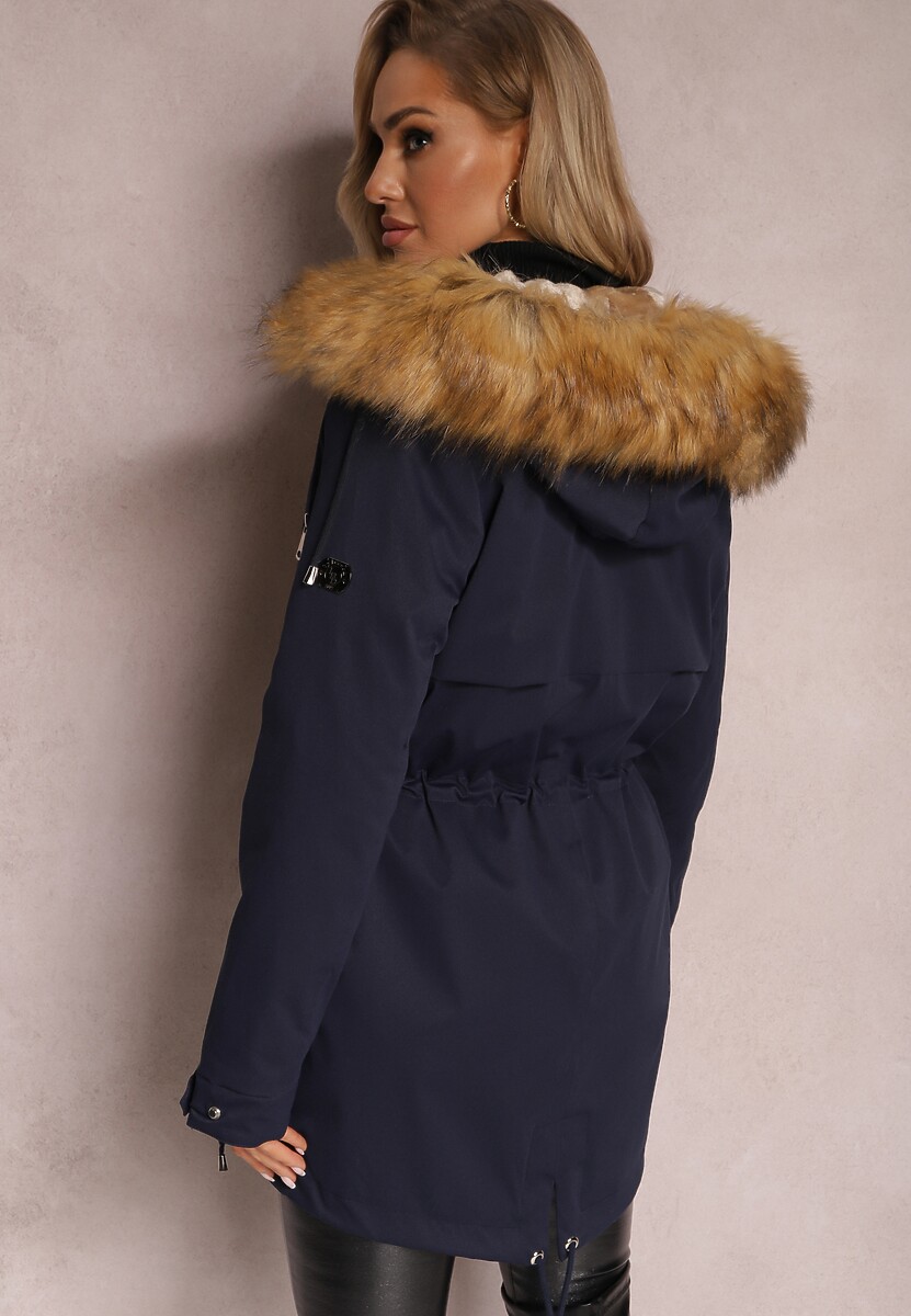 Granatowa Kurtka Parka z Kieszeniami i Kapturem z Futerkiem Caulisa