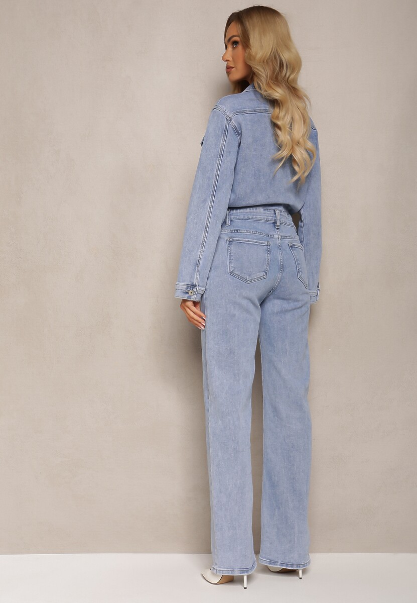 Niebieski Bawełniany Kombinezon Jeansowy z Guzikami i Kieszeniami z Klapami Starah